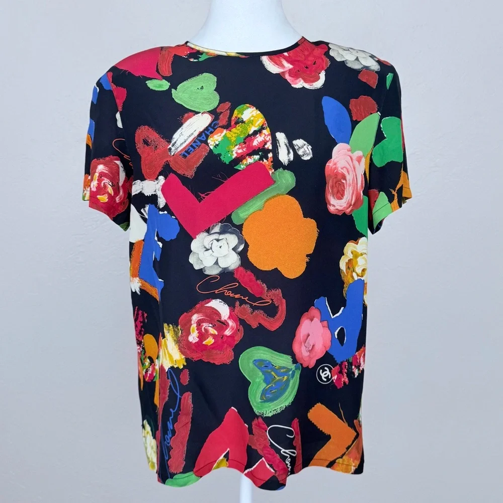 Chanel Vintage 1990s Iconic Spring 1992 Multicolor Black Silk T-Shirt 40 FR 8 US